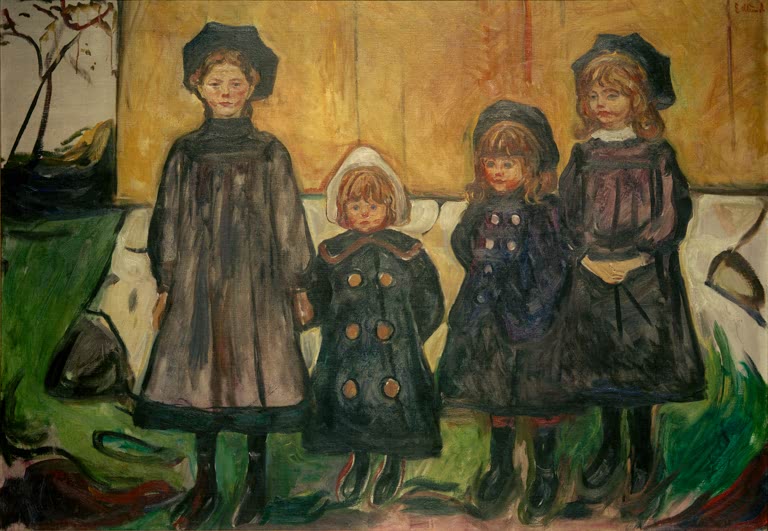 Vier Mädchen in dunklen Mänteln vor heller Mauer – Edvard Munch Vier Mädchen in Asgardstrand Kunstkopie