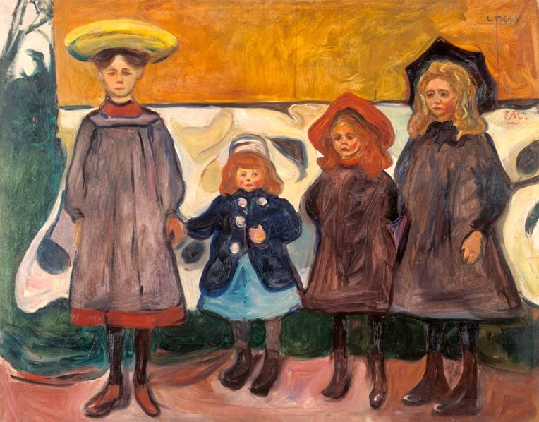 Vier Mädchen in bunten Mänteln vor gelber Wand – Edvard Munch Vier Mädchen in Åsgårdstrand Kunstkopie