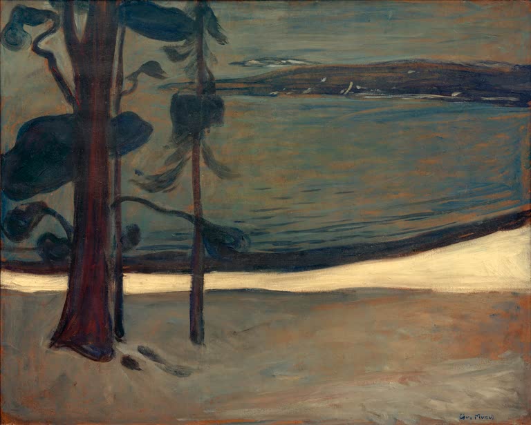 Winterlicher See hinter dunklen Kiefern und einem schneebedeckten Ufer – Edvard Munch Vinter ved Nordstrand Kunstkopie