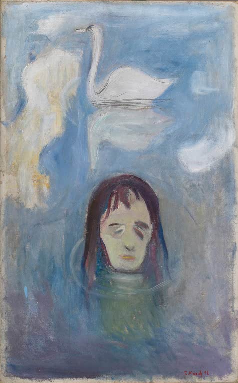 Kopf einer Frau im blauen Wasser, darüber ein weißer Schwan – Edvard Munch Vision Kunstkopie