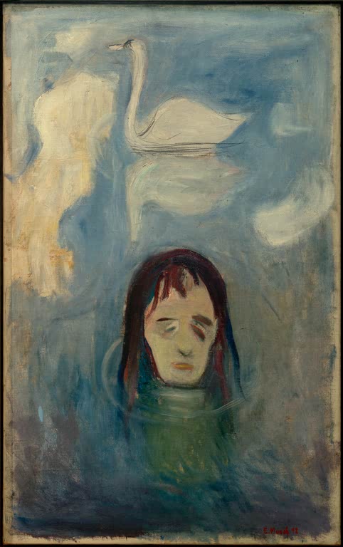 Frauenkopf ragt aus blaugrünem Wasser, daneben ein Schwan – Edvard Munch Vision Kunstkopie