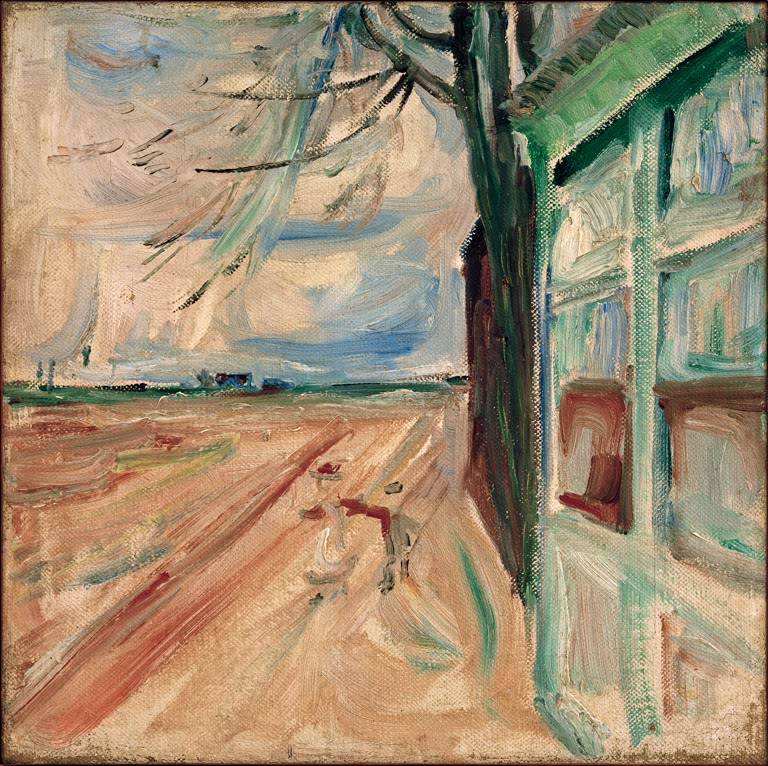 Sonniger Weg entlang eines grün gestrichenen Hauses mit zwei kleinen Figuren – Edvard Munch Von Am Strom Kunstkopie