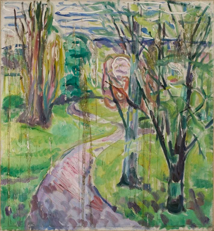 Gewundener Weg führt durch einen frühlingshaften Garten mit kahlen Bäumen – Edvard Munch Von Jeløya Kunstkopie