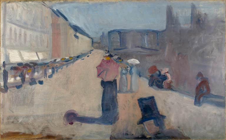 Straße mit Häusern, flanierenden Menschen und einer Frau mit Schirm – Edvard Munch Von Karl Johan Kunstkopie
