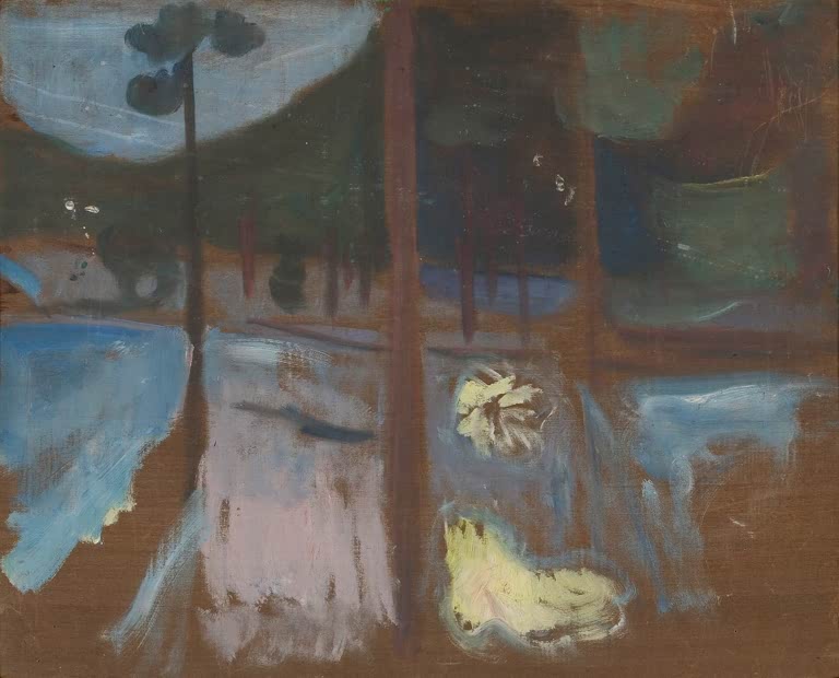 Seeufer mit Kiefernstamm und Spiegelungen in Blau, Rosa und Braun – Edvard Munch Waldstudie Kunstkopie