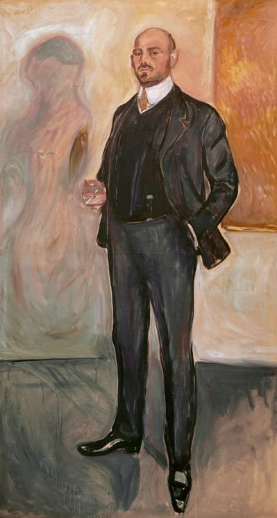 Edvard Munch Walther Rathenau Kunstkopie, Ganzfigurporträt eines Herrn im dunklen Anzug mit Zigarette vor ockerfarbenem Grund