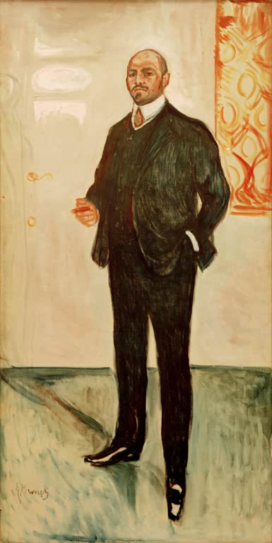 Stehender Mann im dunklen Anzug vor heller Wand mit rotem Muster – Edvard Munch Walther Rathenau Kunstkopie