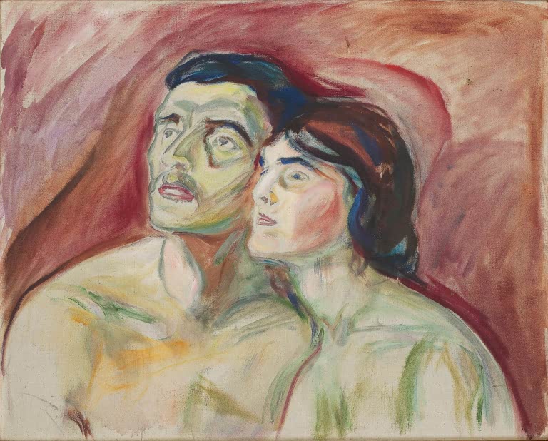 Mann und Frau mit nackten Schultern blicken nach oben vor rotem Grund – Edvard Munch Wange an Wange Kunstkopie