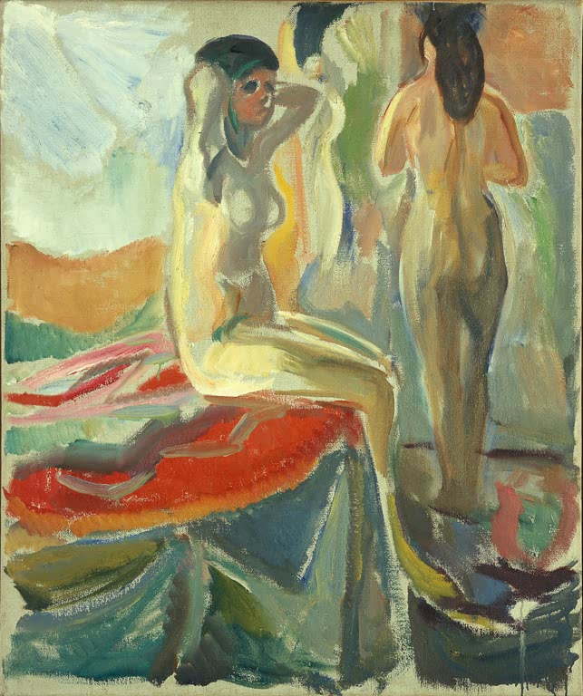 Sitzende und stehende Frauenakte vor farbigem Grund – Edvard Munch Weibliche Akte, sitzend und stehend Kunstkopie