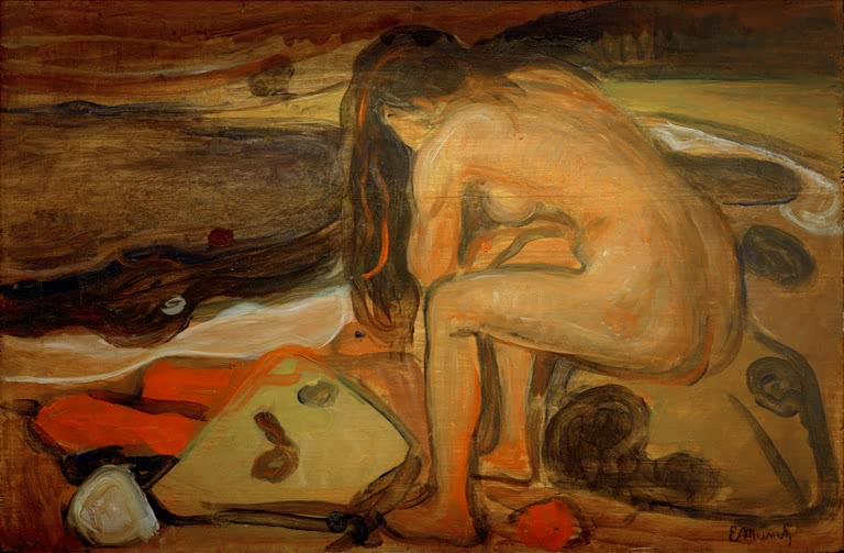 Nackte Frau mit langen Haaren sitzt vornübergebeugt am Strand – Edvard Munch Weiblicher Akt am Strand Kunstkopie