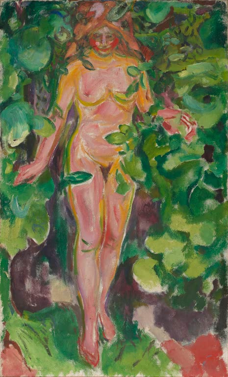 Nackte Frau schreitet zwischen leuchtend grünem Laub hindurch – Edvard Munch Weiblicher Akt im Wald Kunstkopie