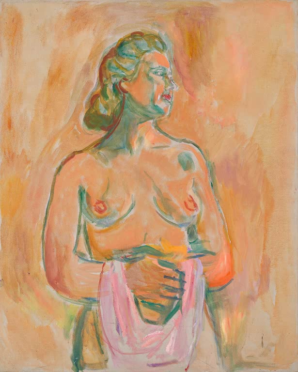 Frau mit nacktem Oberkörper hält ein rosa Tuch vor sich, warme Rosatöne – Edvard Munch Weiblicher Akt Kunstkopie