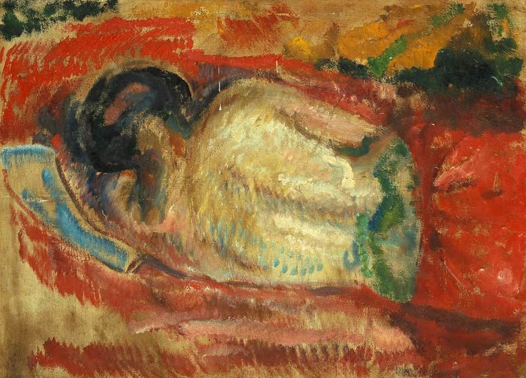 Edvard Munch Weiblicher Rückenakt Kunstkopie, liegender Akt in Creme- und Rosatönen vor kräftigem Rot
