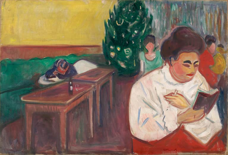 Frau in weißer Bluse liest am Tisch, dahinter ein geschmückter Tannenbaum – Edvard Munch Weihnachten im Bordell Kunstkopie