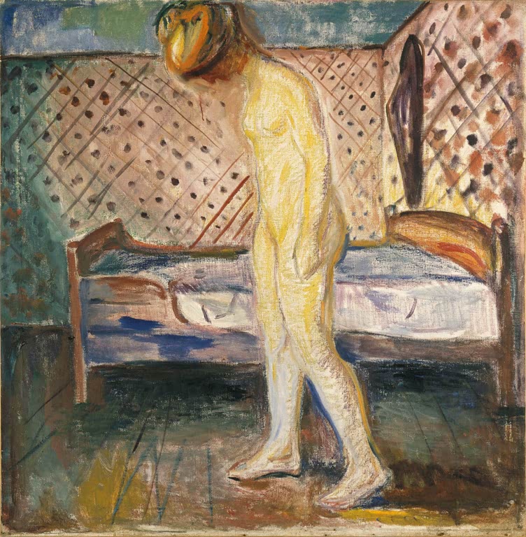 Nackte Frau mit gesenktem Kopf steht neben einem Bett vor Gitterwand – Edvard Munch Weinende Frau Kunstkopie