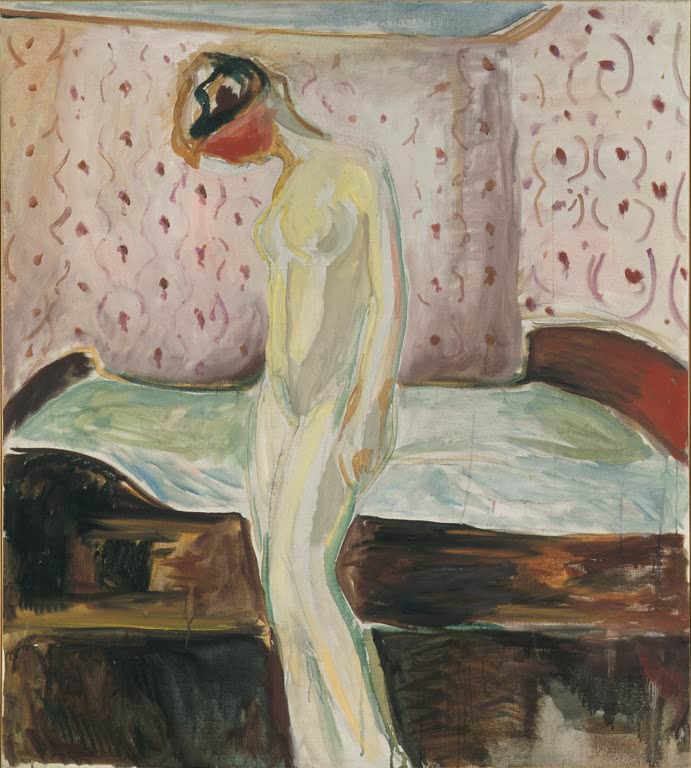 Nackte Frau mit gesenktem Kopf neben einem Bett vor gemusterter Wand – Edvard Munch Weinende Frau Kunstkopie