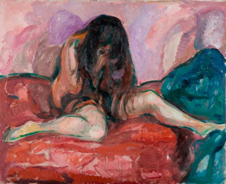 Nackte Frau mit langem dunklem Haar kauert weinend auf rotem Bett – Edvard Munch Weinender Akt Kunstkopie