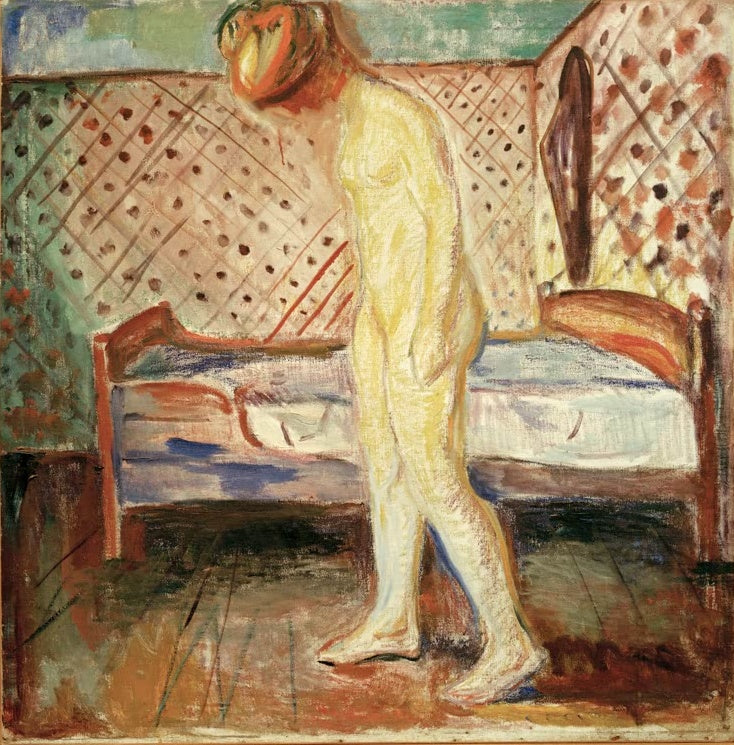 Gebeugt stehender nackter Frauenkörper neben einem Bett vor gemustertem Gitterwerk – Edvard Munch Weinender Akt Kunstkopie