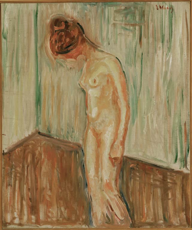 Nackte Frau mit gesenktem Kopf in einer Zimmerecke vor grünlicher Wand – Edvard Munch Weinendes Mädchen II Kunstkopie