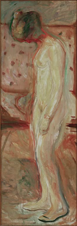 Schmale blasse nackte Gestalt mit gesenktem Kopf vor rosa Wand – Edvard Munch Weinendes Mädchen III Kunstkopie