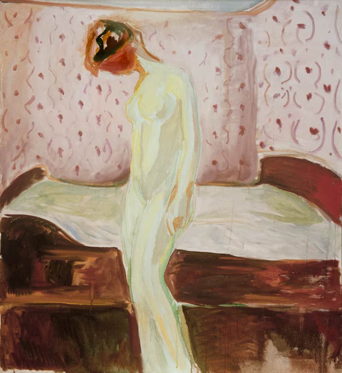 Weiß gekleidete Frau mit geneigtem Kopf vor rosa Tapete und einem Bett – Edvard Munch Weinendes Mädchen IV Kunstkopie