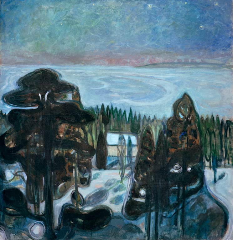 Sternenhimmel über einem hellen See, im Vordergrund dunkle Kiefern und ein kleines Haus – Edvard Munch Weiße Nacht Kunstkopie