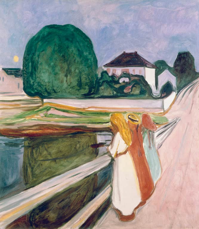 Zwei Mädchen in hellen Kleidern an einem Zaun am Wasser vor Haus und Baum – Edvard Munch Weiße Nacht Kunstkopie