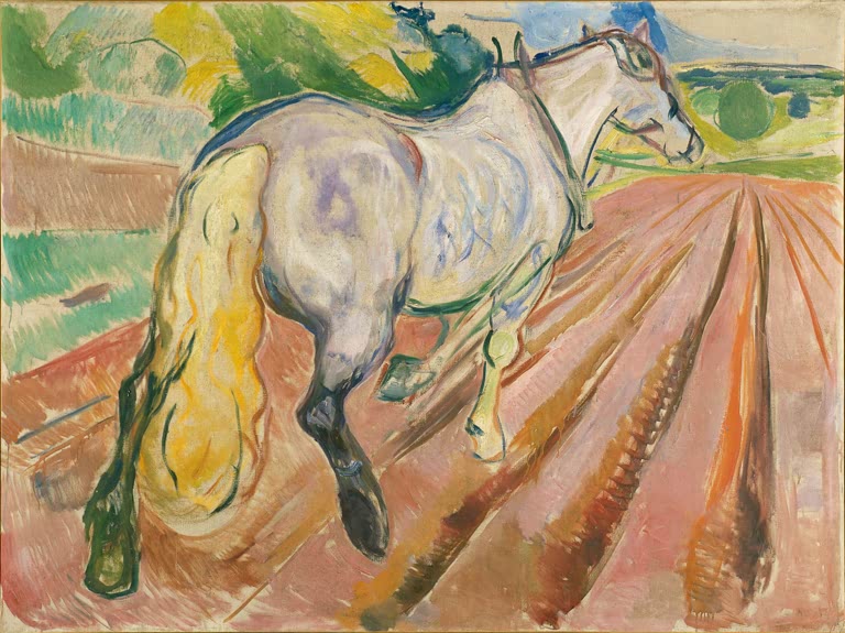 Weißes Pferd mit gesenktem Kopf auf einem gefurchten Acker – Edvard Munch Weißes Pferd von hinten gesehen Kunstkopie