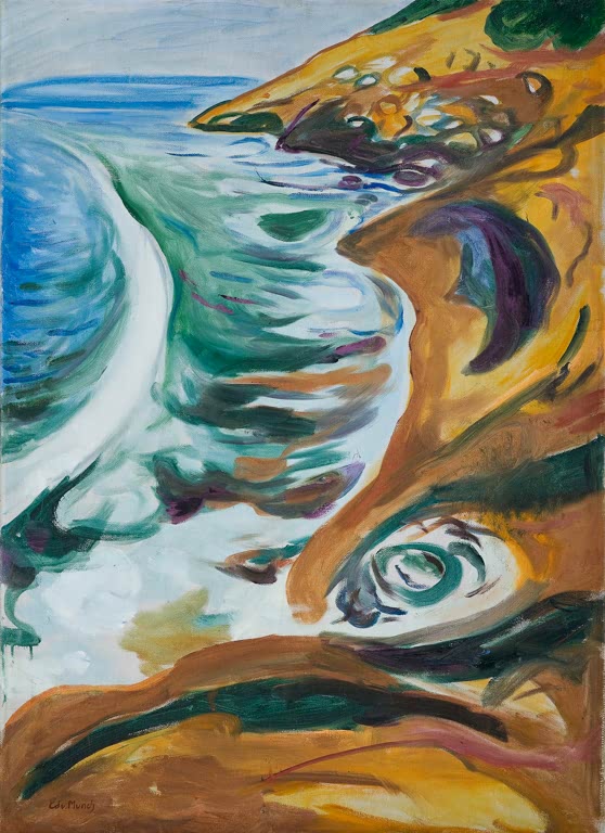 Meereswellen branden in Blau und Weiß an goldgelbe Felsen – Edvard Munch Wellen brechen an den Felsen Kunstkopie