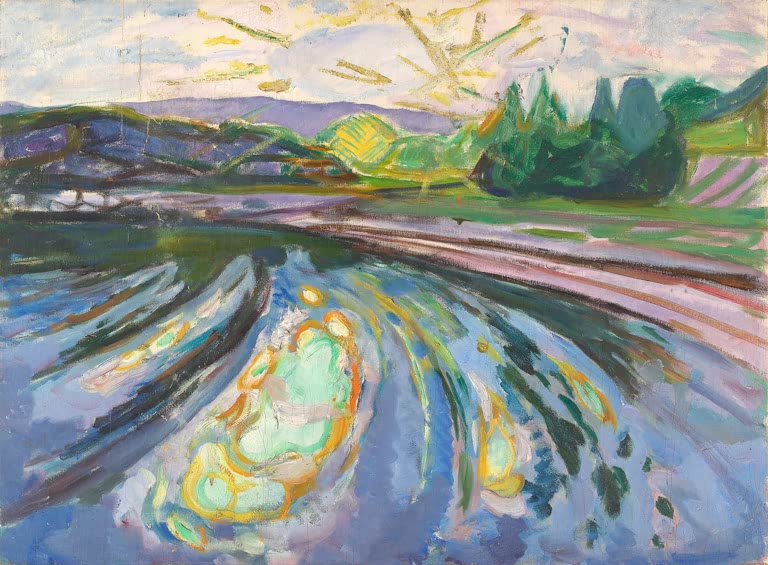 Wellen laufen in bunten Bögen auf das Ufer unter strahlender Sonne zu – Edvard Munch Wellen gegen das Ufer Kunstkopie