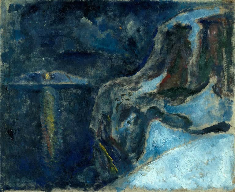 Nächtliche Küste mit dunklem Wasser, Felsen und hellblauem Schnee – Edvard Munch Winter am Meer Kunstkopie