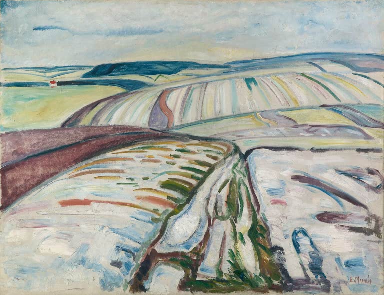 Weite Winterlandschaft mit verschneiten Feldern und einem Weg – Edvard Munch Winter. Elgersburg Kunstkopie
