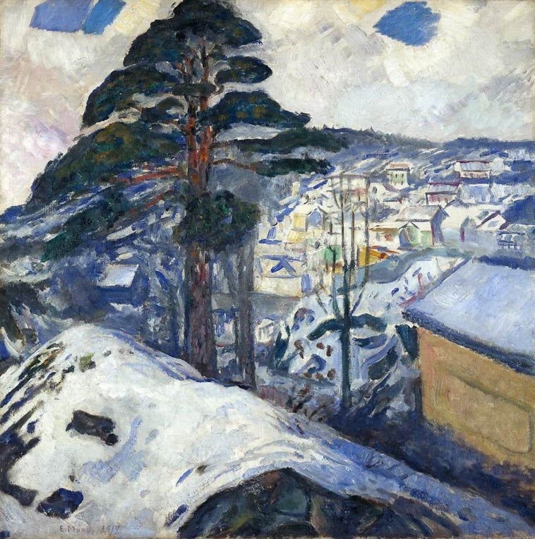 Edvard Munch Winter in Kragerø Kunstkopie, verschneite Kleinstadt mit hoher Kiefer im Vordergrund