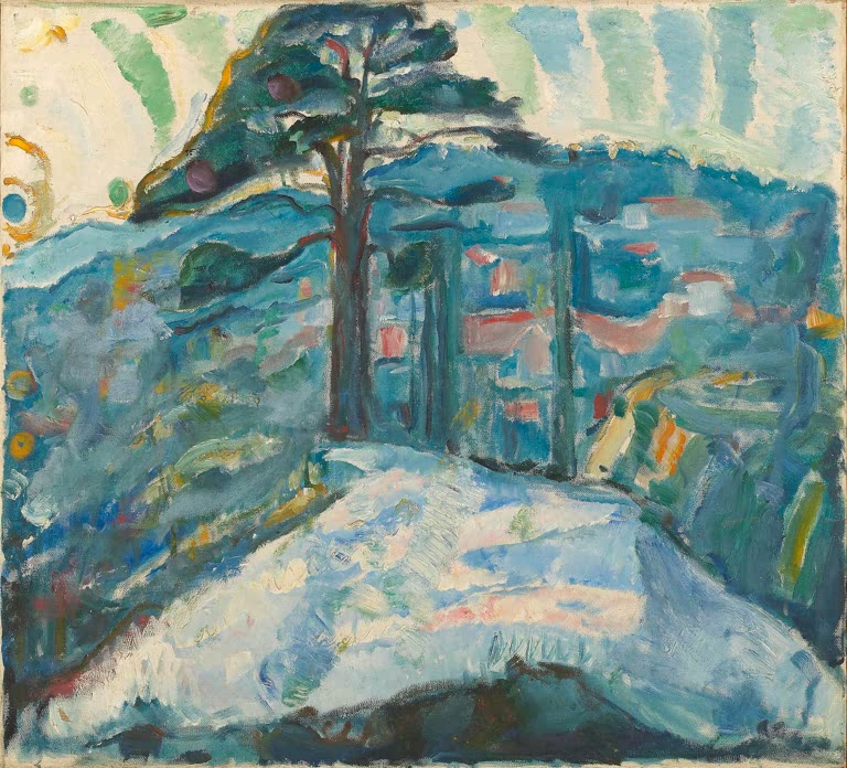 Verschneiter Hügel mit großer Kiefer in winterlicher Küstenlandschaft – Edvard Munch Winter in Kragerø Kunstkopie