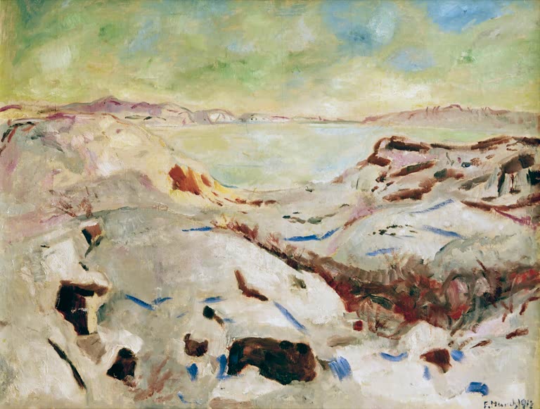 Küstenlandschaft im Winter mit hellem Himmel und Schnee auf den Felsen – Edvard Munch Winter in Kragerö Kunstkopie