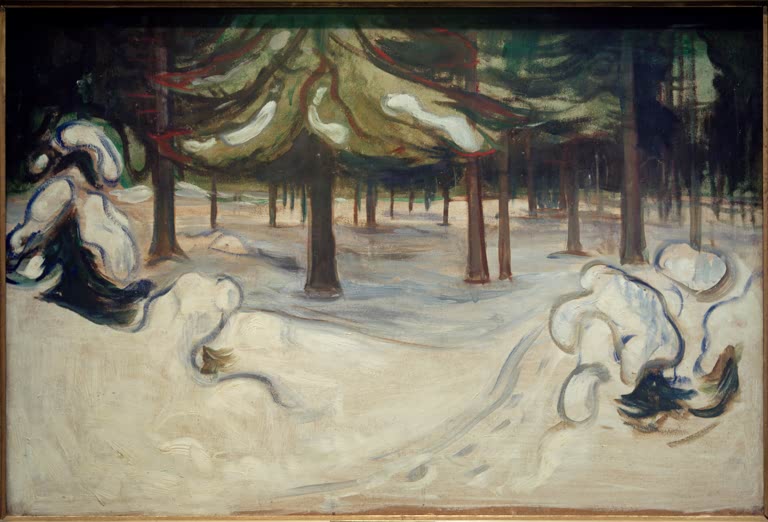Verschneiter Nadelwald mit schneebedeckten Hügeln und dunklen Spuren im Winterlicht – Edvard Munch Winter Kunstkopie