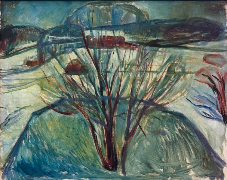 Kahle Sträucher auf verschneiten Hügeln in blauen und grünen Tönen – Edvard Munch Winterlandschaft bei Mondschein Kunstkopie