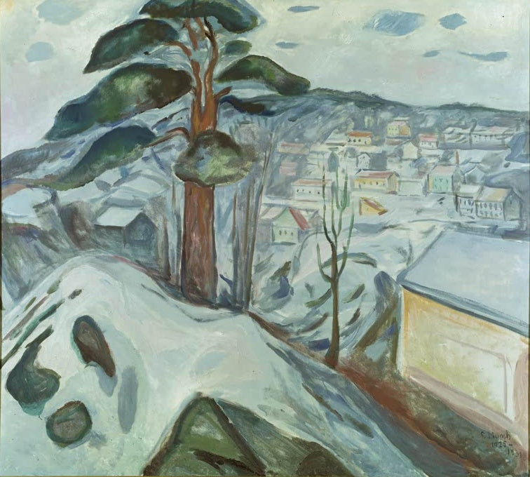Verschneiter Hang mit Kiefer über einer Küstenstadt – Edvard Munch Winterlandschaft in Kragerø Kunstkopie
