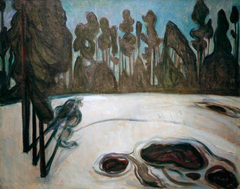 Verschneite Lichtung mit dunklen Bäumen unter Sternenhimmel – Edvard Munch Winterlandschaft, Sternennacht Kunstkopie