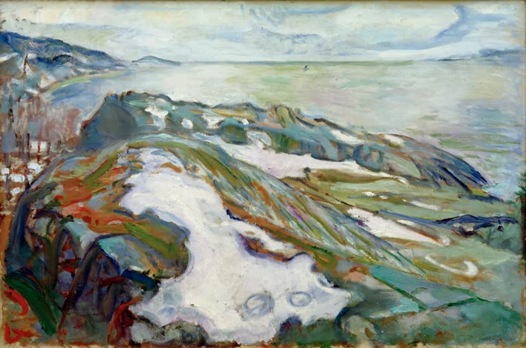 Winterliche Küste mit Schneeflecken, Felsen und Meer – Edvard Munch Winterlandschaft Kunstkopie