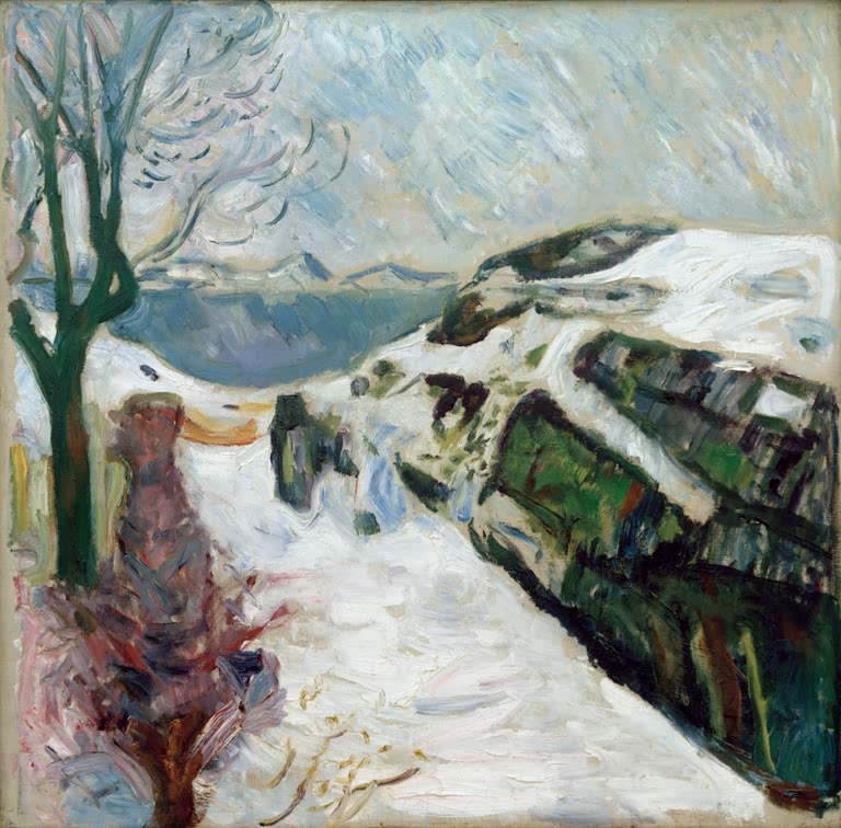 Schneebedeckter Weg mit kahlem Baum vor einer Bucht und fernen Bergen – Edvard Munch Winterlandschaft Kunstkopie