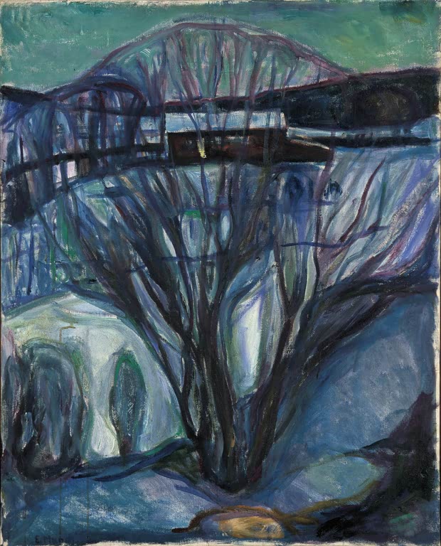 Kahles Gebüsch im Schnee vor dunklem Haus, in kühlen Blau- und Grüntönen – Edvard Munch Winternacht Kunstkopie