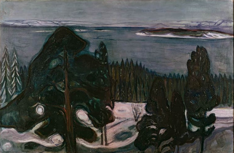 Dunkle Kiefern am Fjordufer mit Schneeflächen unter grauem Himmel – Edvard Munch Winternacht Kunstkopie