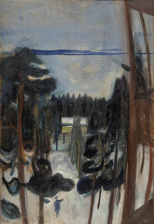 Dunkle Kiefern im Schnee, durch ein Fenster mit braunem Rahmen gesehen – Edvard Munch Winternacht Kunstkopie