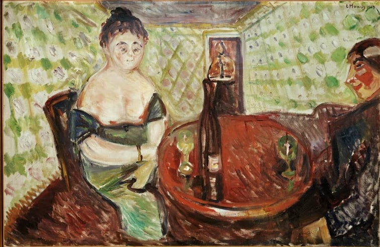 Frau mit entblößten Schultern am Tisch mit Flasche vor grüner Tapete – Edvard Munch Zum süßen Mädel Kunstkopie