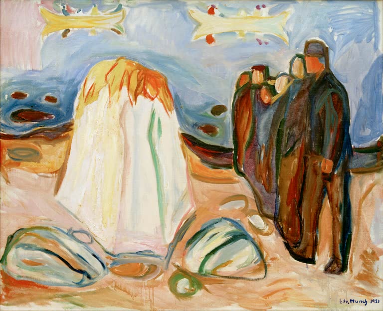 Zwei Männer und eine Frau gehen rechts vorbei an einem weißen Felsblock am Meer – Edvard Munch Zusammentreffen Kunstkopie
