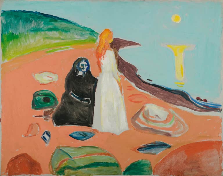 Frau in Weiß und dunkle Gestalt auf orangeroter Küste – Edvard Munch Zwei Frauen am Strand Kunstkopie