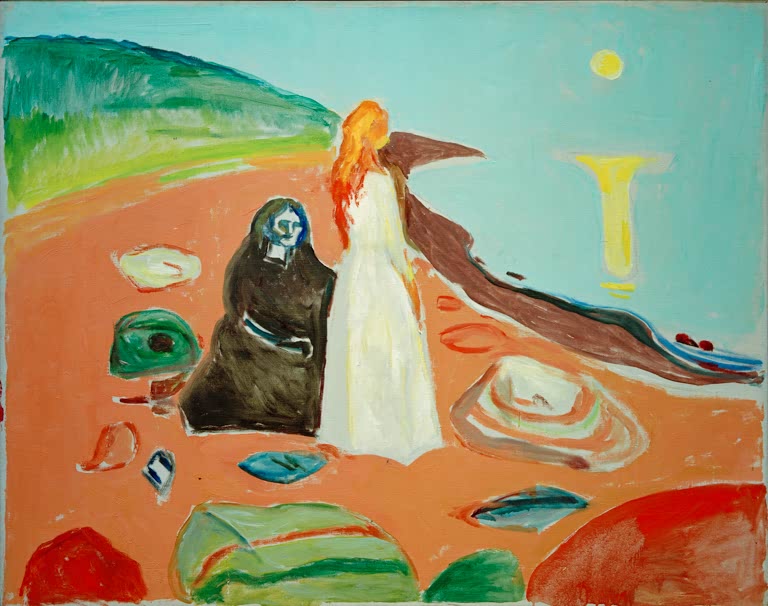 Frau in Weiß und eine dunkel gekleidete Frau am roten Strand vor Sonne – Edvard Munch Zwei Frauen am Strand Kunstkopie