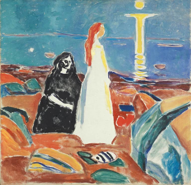 Zwei Frauen, eine in Schwarz und eine in Weiß, am Ufer vor spiegelndem Mond – Edvard Munch Zwei Frauen am Ufer Kunstkopie