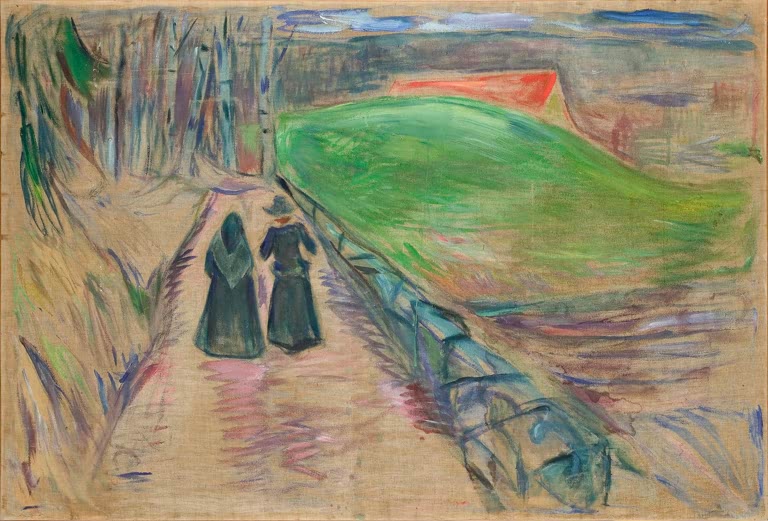 Zwei dunkel gekleidete Frauen auf einem Weg an grüner Wiese – Edvard Munch Zwei Frauen auf dem Weg Kunstkopie